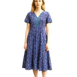 LONDON TIMES Midi Dress Women's Size 2 XS Cottagecore Fairy Blue Paisley NEW NWT